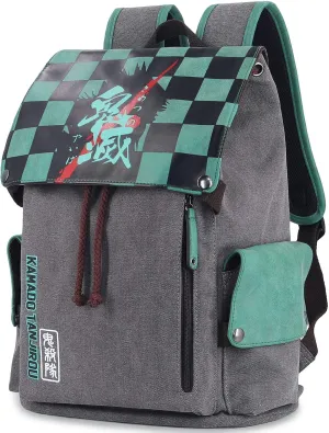 Roffatide Anime Demon Slayer Backpack Canvas Schoolbag Printed Flap Backpack Laptop Back Pack