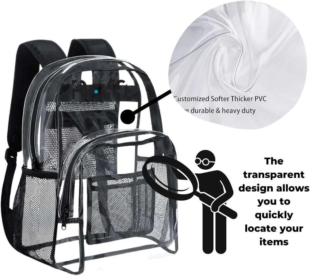 ROFFT clear backpack heavy duty PVC, reinforced straps, multiple pockets, large capacity for notebooks, transparent backpack see through perfect for school Students