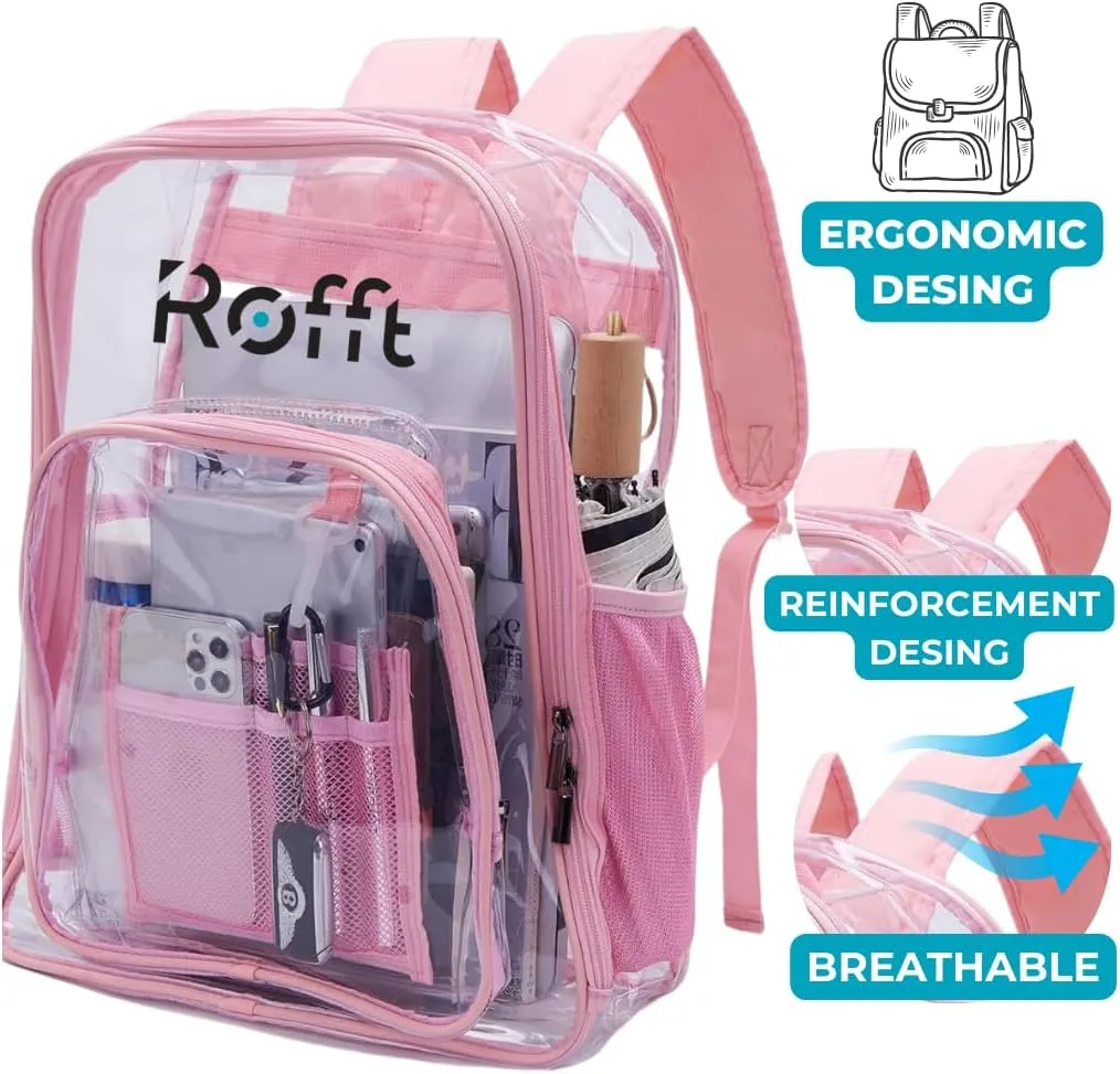ROFFT clear backpack heavy duty PVC, reinforced straps, multiple pockets, large capacity for notebooks, transparent backpack see through perfect for school Students