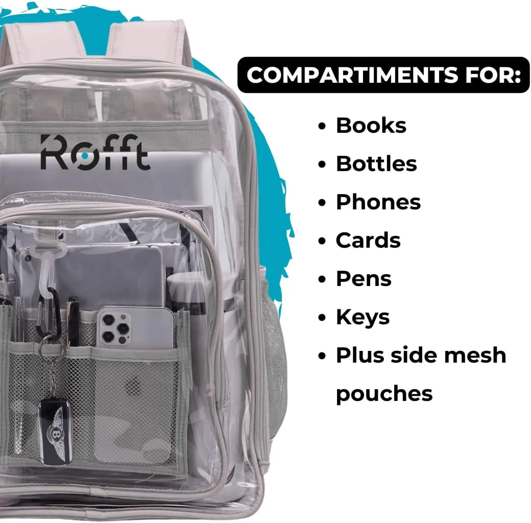 ROFFT clear backpack heavy duty PVC, reinforced straps, multiple pockets, large capacity for notebooks, transparent backpack see through perfect for school Students