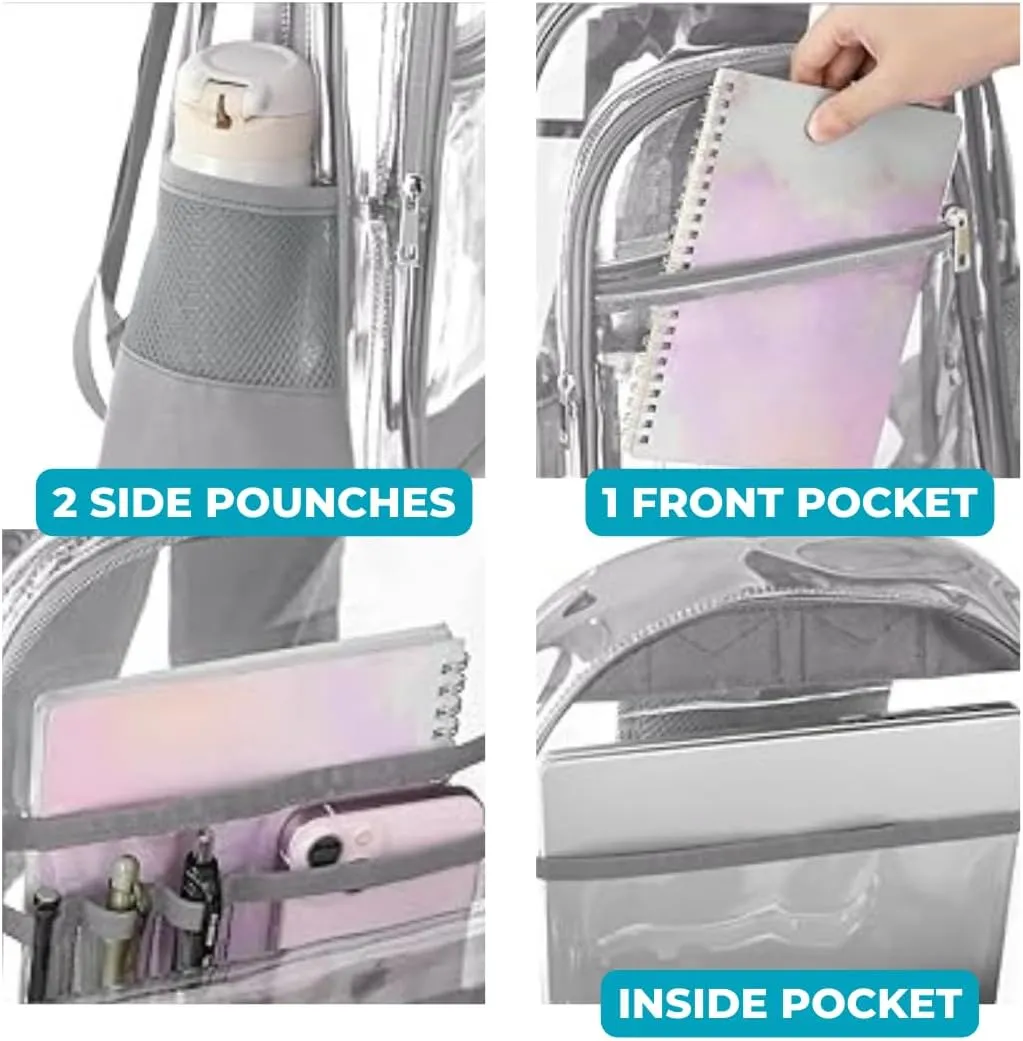 ROFFT clear backpack heavy duty PVC, reinforced straps, multiple pockets, large capacity for notebooks, transparent backpack see through perfect for school Students