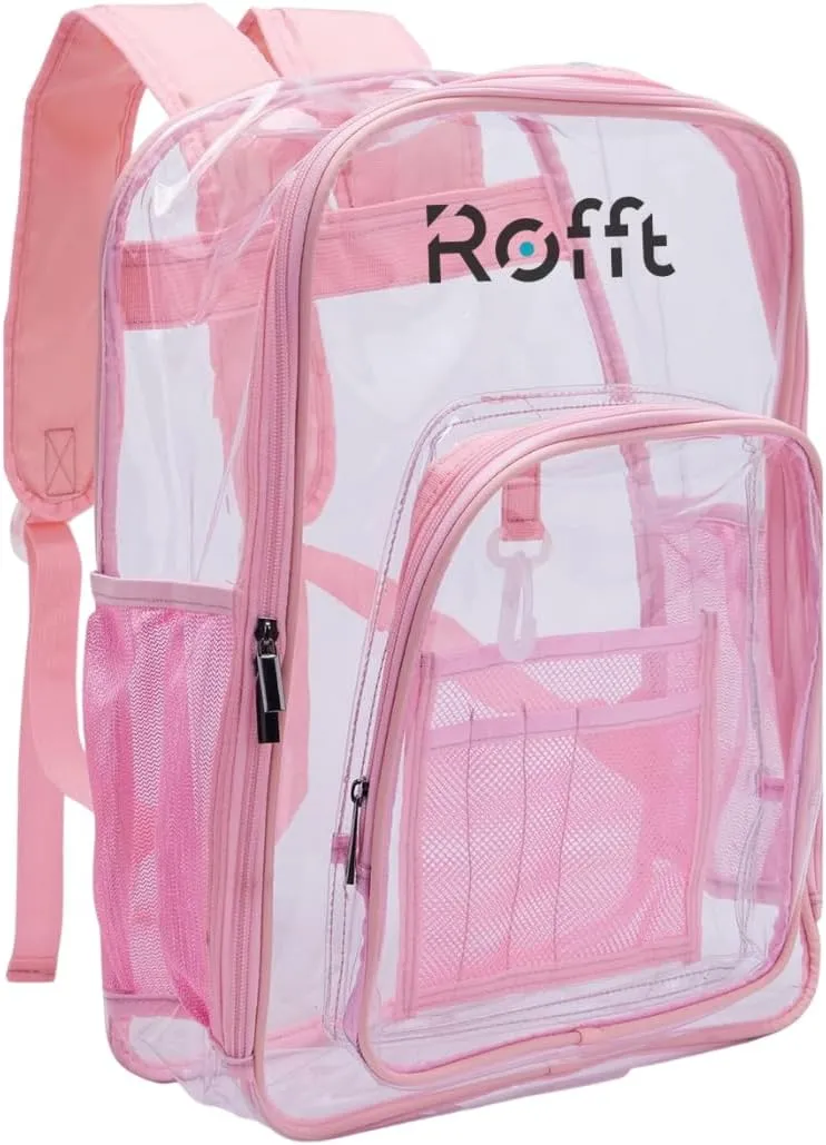 ROFFT clear backpack heavy duty PVC, reinforced straps, multiple pockets, large capacity for notebooks, transparent backpack see through perfect for school Students