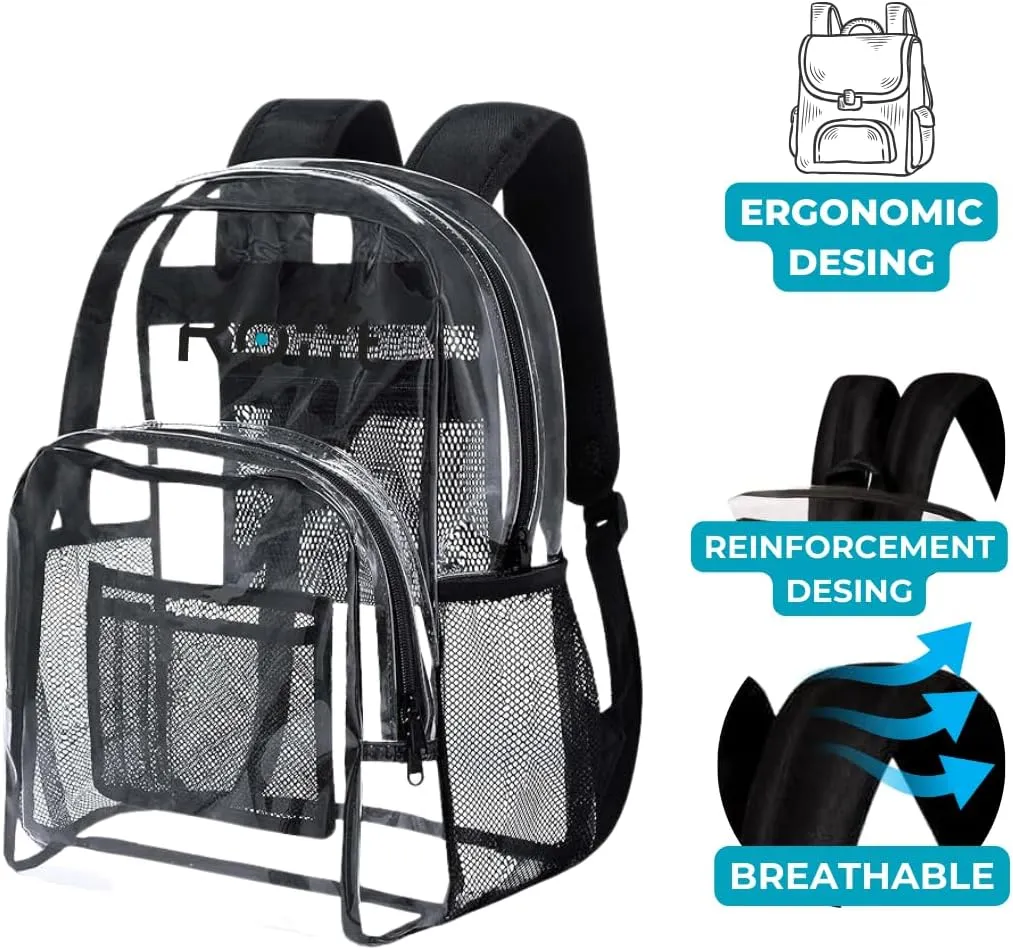 ROFFT clear backpack heavy duty PVC, reinforced straps, multiple pockets, large capacity for notebooks, transparent backpack see through perfect for school Students