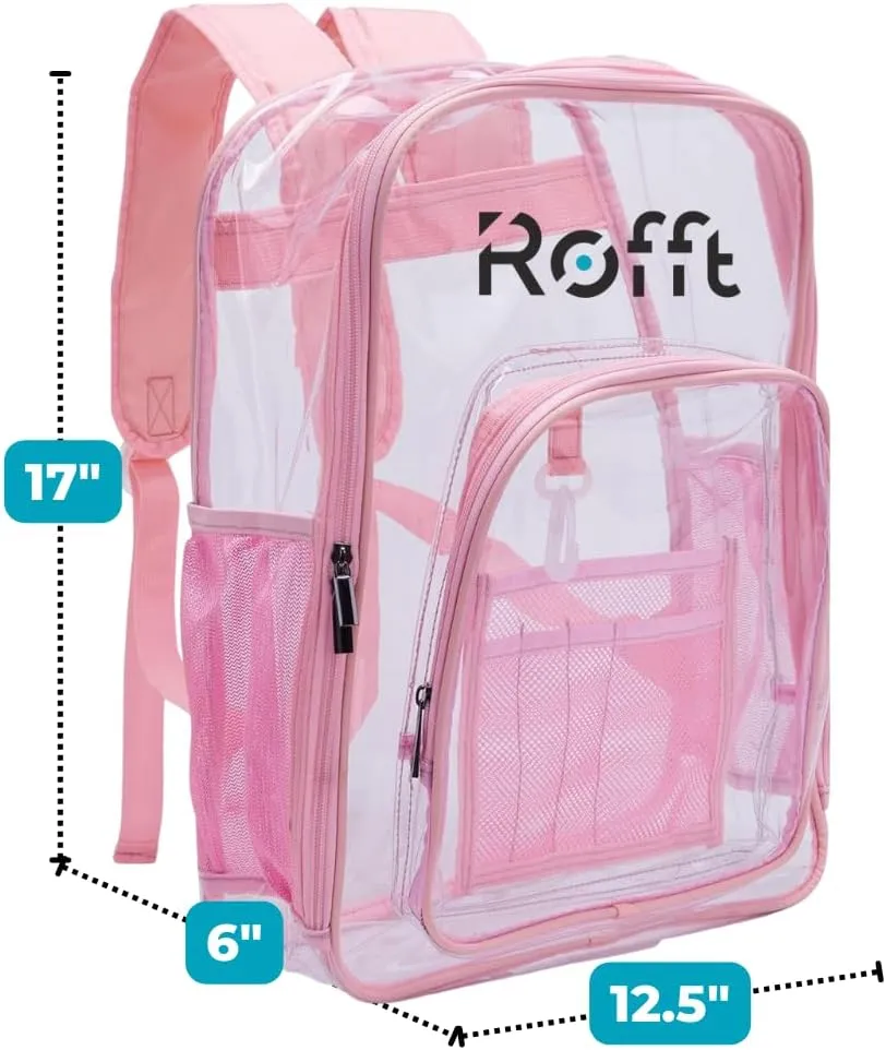 ROFFT clear backpack heavy duty PVC, reinforced straps, multiple pockets, large capacity for notebooks, transparent backpack see through perfect for school Students