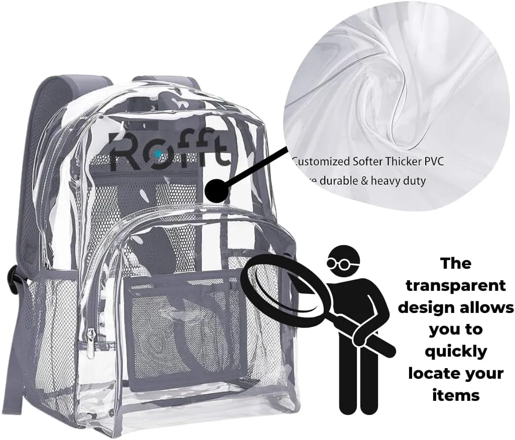ROFFT clear backpack heavy duty PVC, reinforced straps, multiple pockets, large capacity for notebooks, transparent backpack see through perfect for school Students