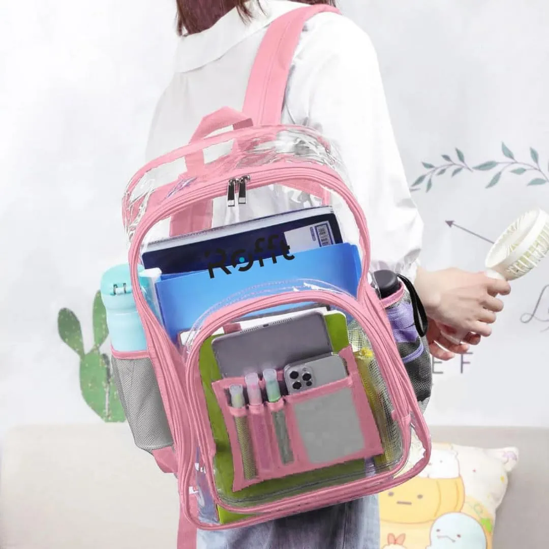 ROFFT clear backpack heavy duty PVC, reinforced straps, multiple pockets, large capacity for notebooks, transparent backpack see through perfect for school Students