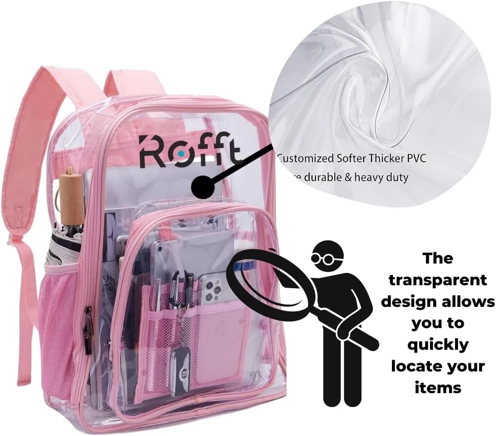 ROFFT clear backpack heavy duty PVC, reinforced straps, multiple pockets, large capacity for notebooks, transparent backpack see through perfect for school Students