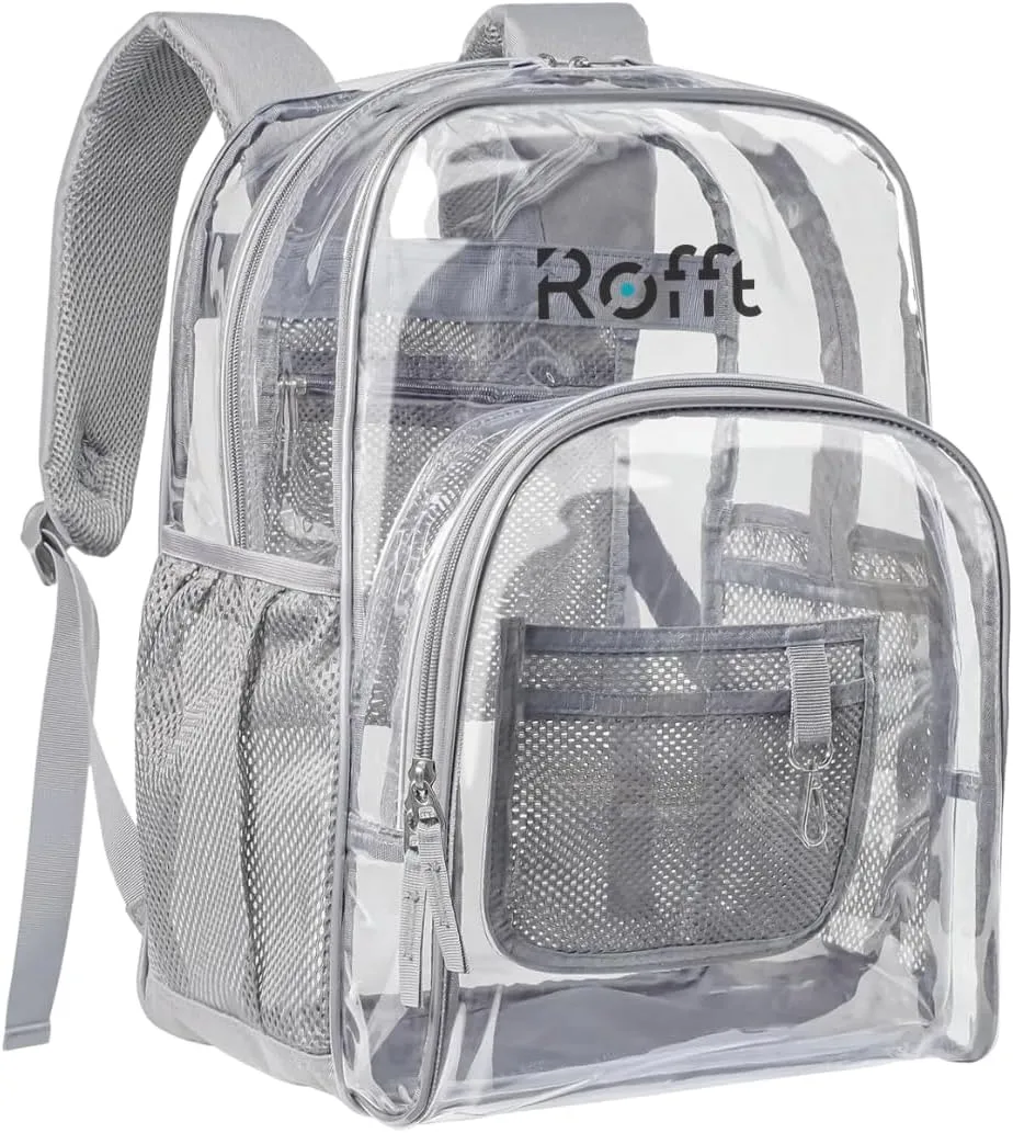 ROFFT clear backpack heavy duty PVC, reinforced straps, multiple pockets, large capacity for notebooks, transparent backpack see through perfect for school Students