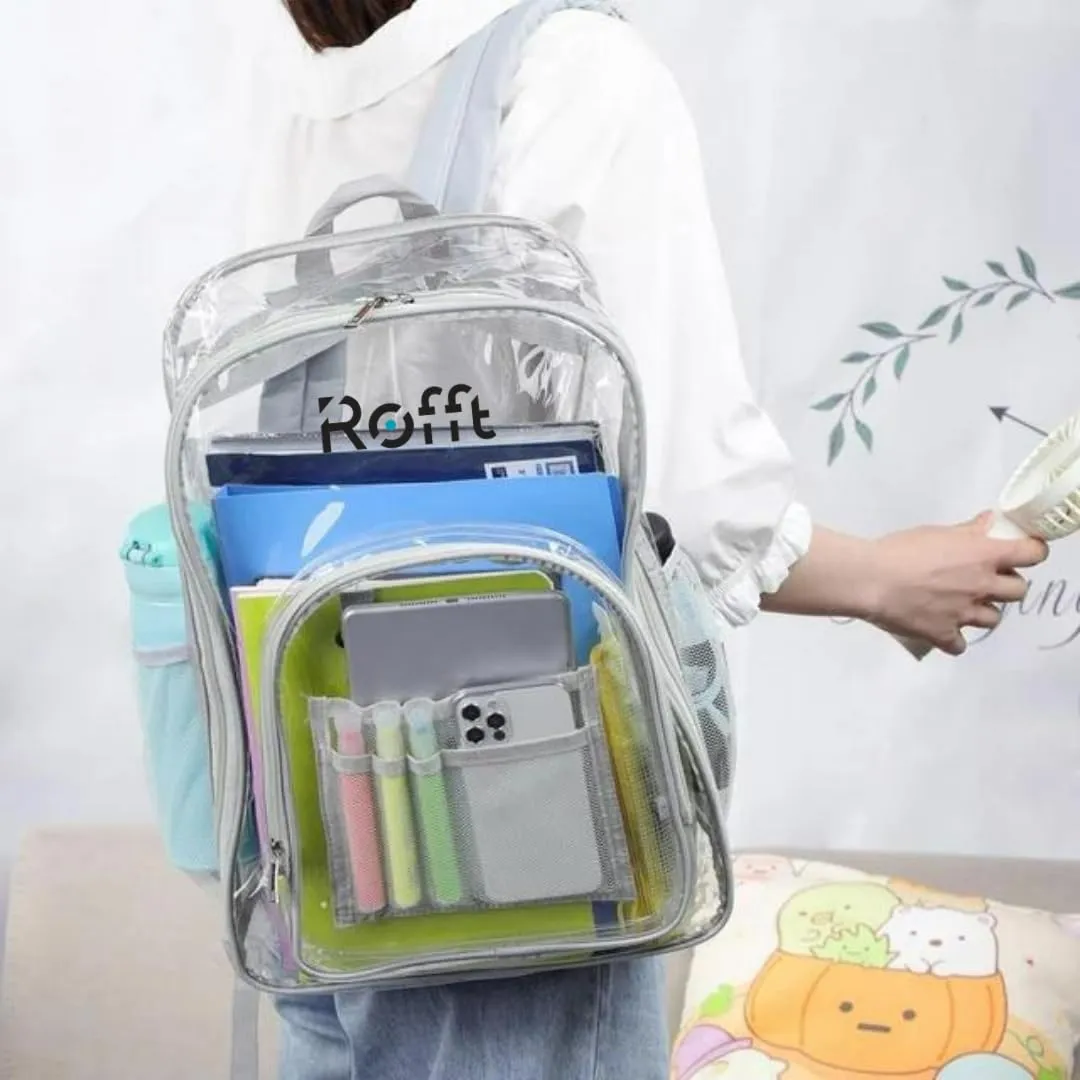 ROFFT clear backpack heavy duty PVC, reinforced straps, multiple pockets, large capacity for notebooks, transparent backpack see through perfect for school Students