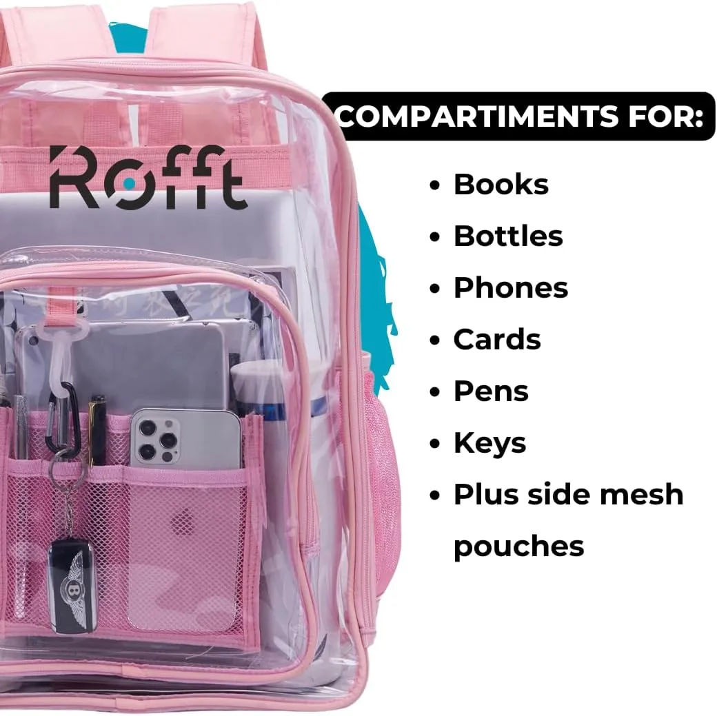 ROFFT clear backpack heavy duty PVC, reinforced straps, multiple pockets, large capacity for notebooks, transparent backpack see through perfect for school Students