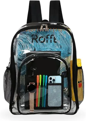ROFFT clear backpack heavy duty PVC, reinforced straps, multiple pockets, large capacity for notebooks, transparent backpack see through perfect for school Students