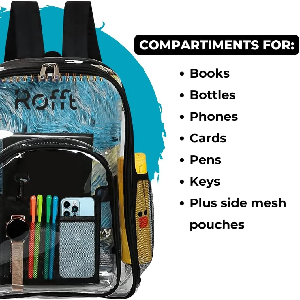 ROFFT clear backpack heavy duty PVC, reinforced straps, multiple pockets, large capacity for notebooks, transparent backpack see through perfect for school Students