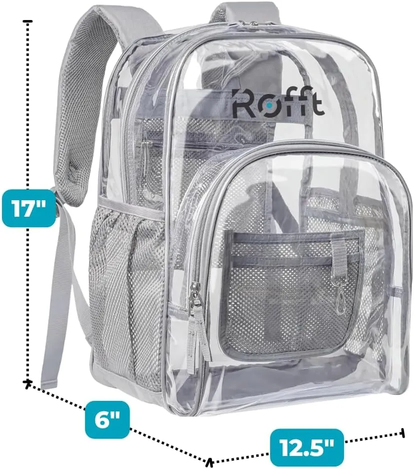 ROFFT clear backpack heavy duty PVC, reinforced straps, multiple pockets, large capacity for notebooks, transparent backpack see through perfect for school Students
