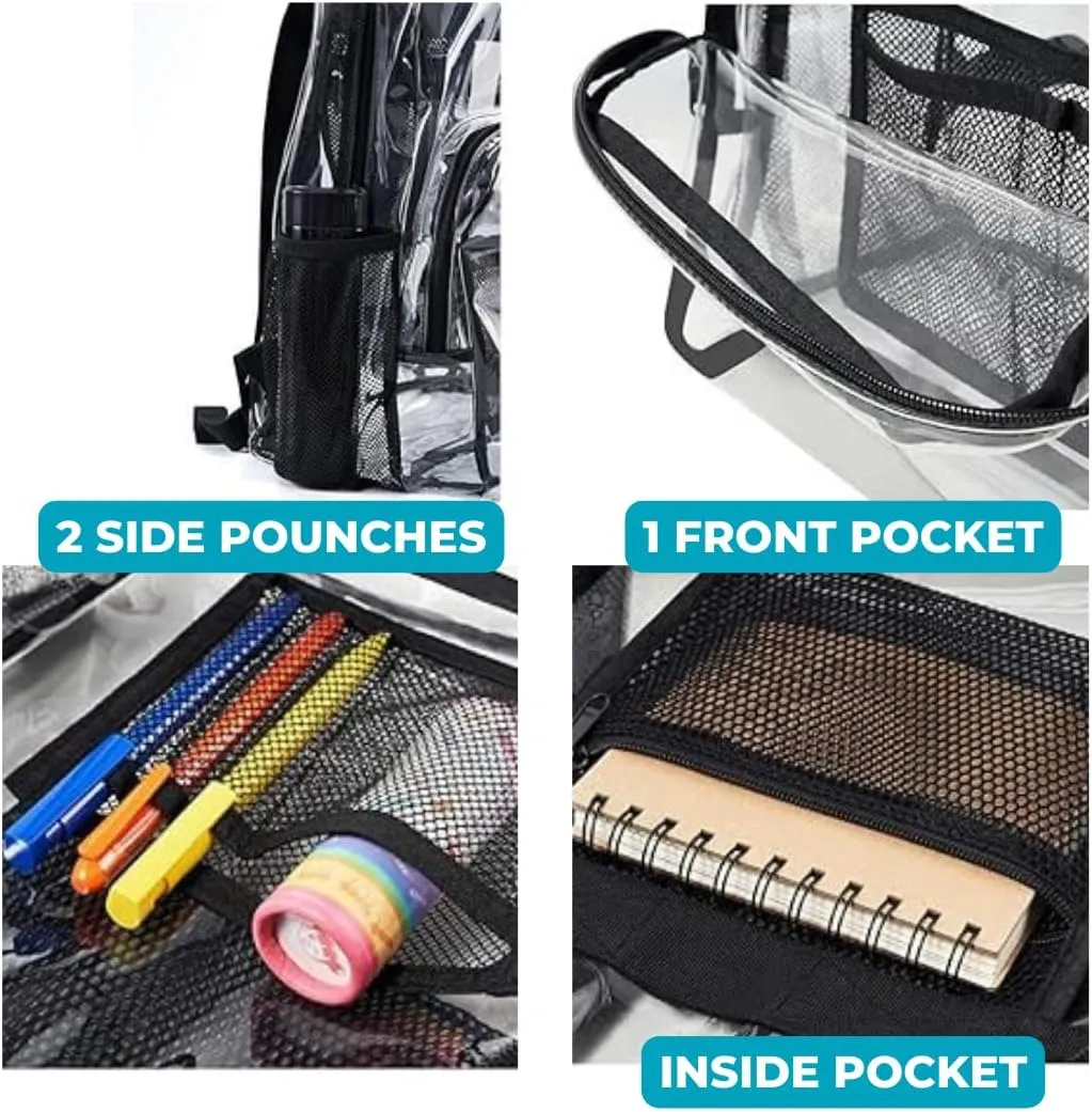 ROFFT clear backpack heavy duty PVC, reinforced straps, multiple pockets, large capacity for notebooks, transparent backpack see through perfect for school Students