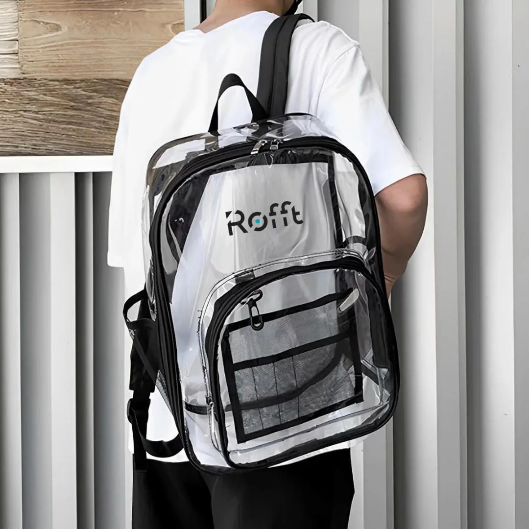 ROFFT clear backpack heavy duty PVC, reinforced straps, multiple pockets, large capacity for notebooks, transparent backpack see through perfect for school Students