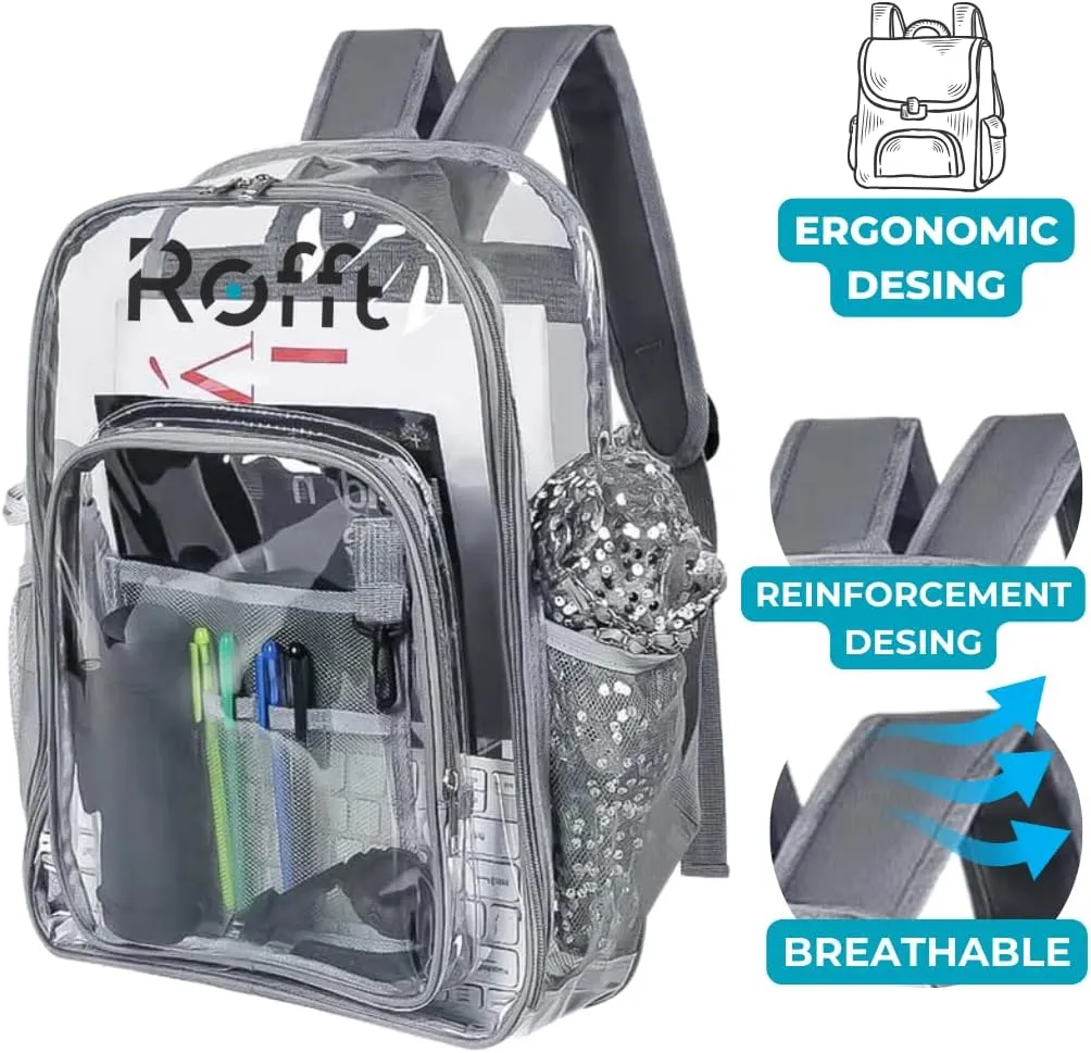 ROFFT clear backpack heavy duty PVC, reinforced straps, multiple pockets, large capacity for notebooks, transparent backpack see through perfect for school Students