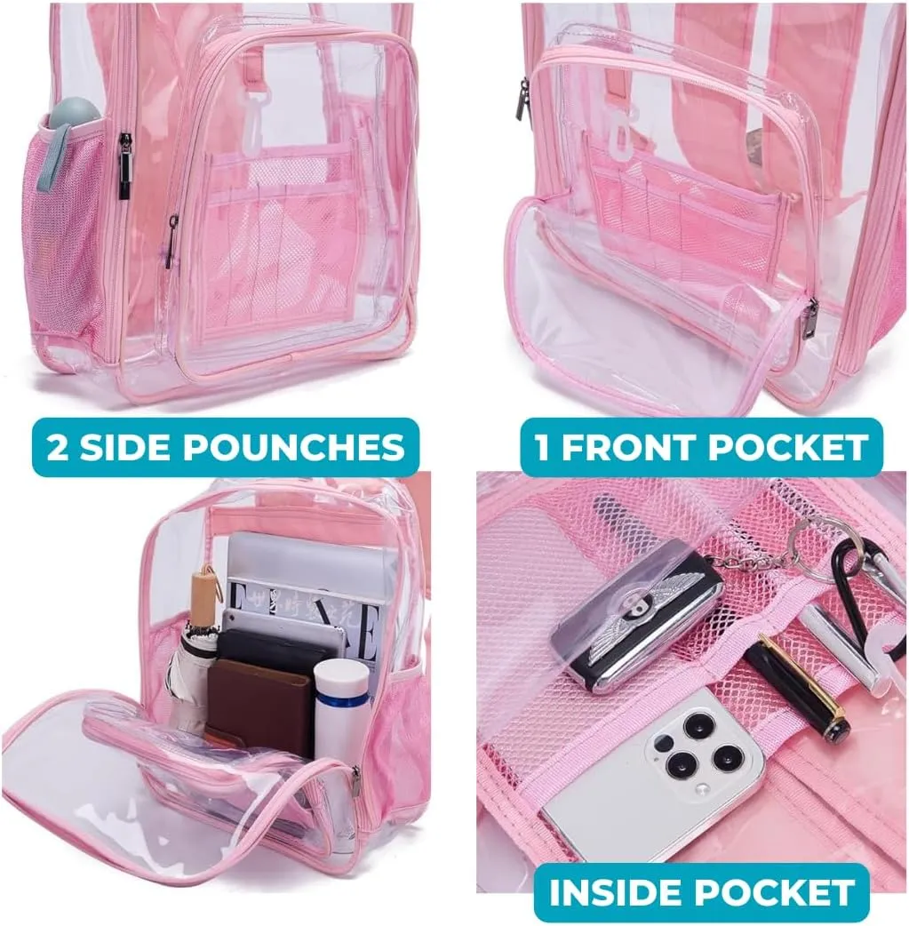 ROFFT clear backpack heavy duty PVC, reinforced straps, multiple pockets, large capacity for notebooks, transparent backpack see through perfect for school Students