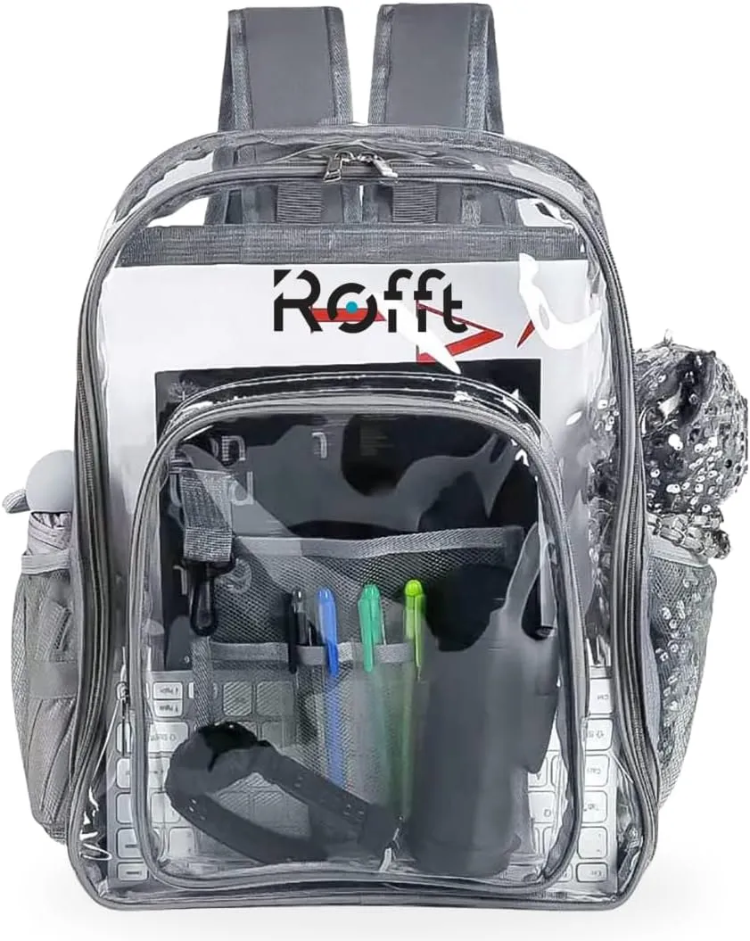 ROFFT clear backpack heavy duty PVC, reinforced straps, multiple pockets, large capacity for notebooks, transparent backpack see through perfect for school Students