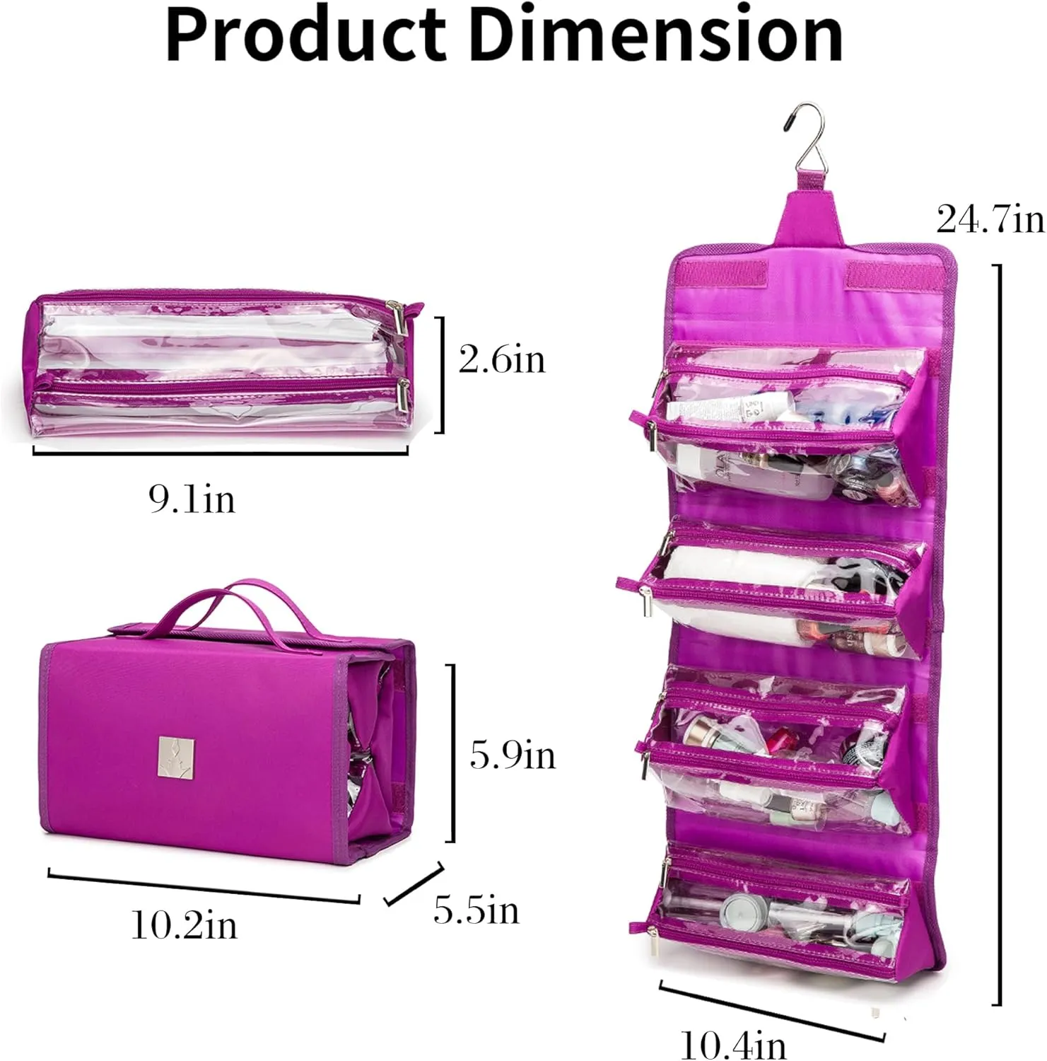 Roll Up Makeup Bag, Travel Toiletry Bag for Women with 4 Clear TSA Approved Pouches, Hanging Travel Organizer, Folding Cosmetic Bag for Men and Women