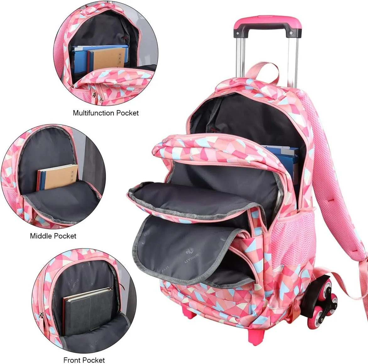 Rolling Backpack for Girls Trolley School Bag Wheels Backpack Luggage Waterproof Climbing Stairs (Pink with Six Wheels)
