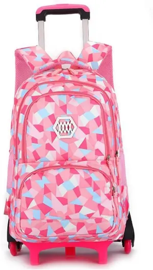Rolling Backpack for Girls Trolley School Bag Wheels Backpack Luggage Waterproof Climbing Stairs (Pink with Six Wheels)
