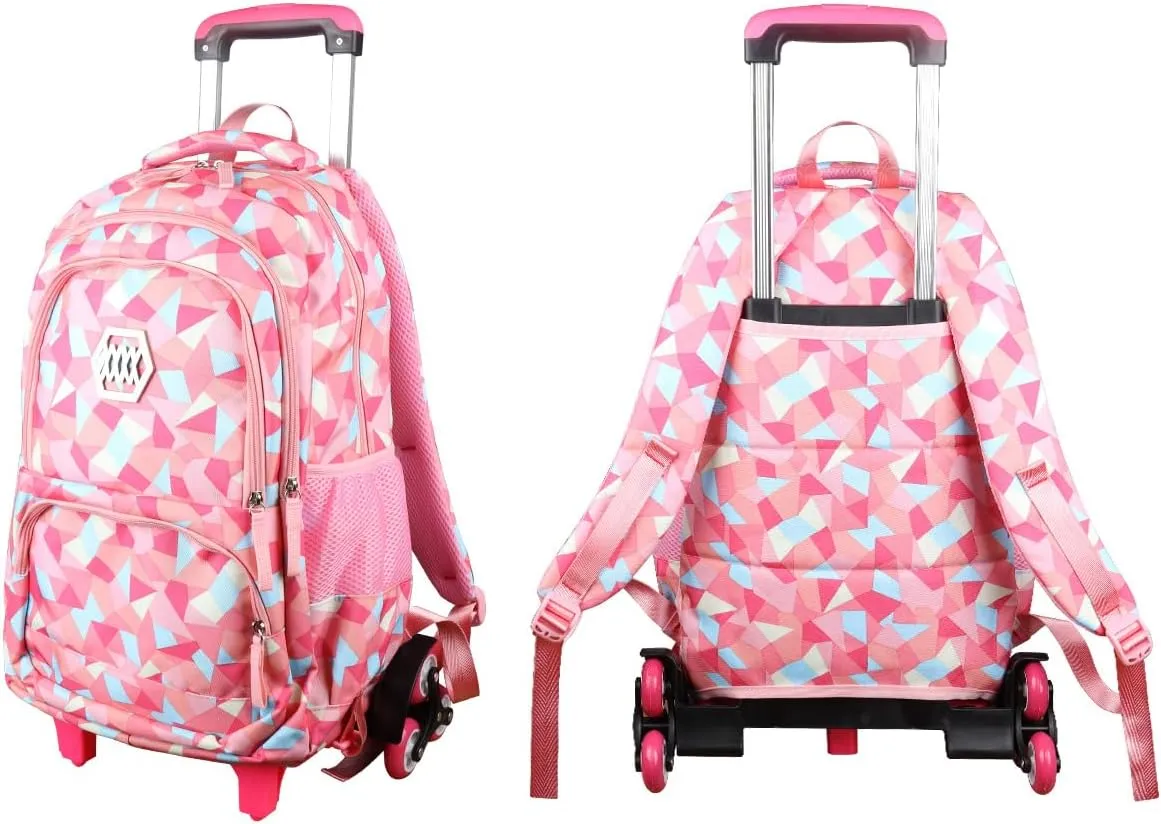 Rolling Backpack for Girls Trolley School Bag Wheels Backpack Luggage Waterproof Climbing Stairs (Pink with Six Wheels)