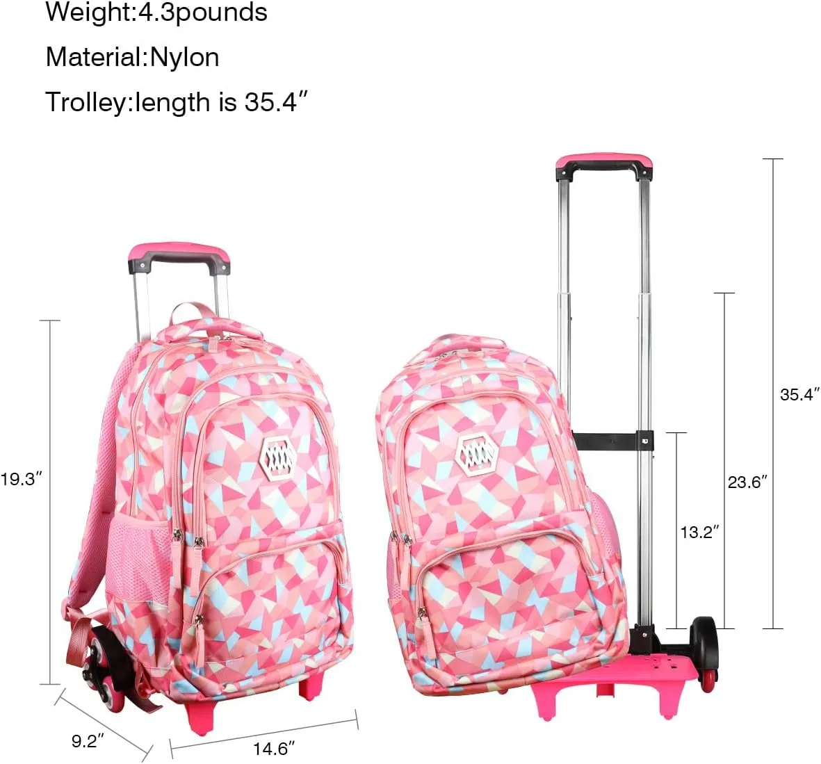 Rolling Backpack for Girls Trolley School Bag Wheels Backpack Luggage Waterproof Climbing Stairs (Pink with Six Wheels)