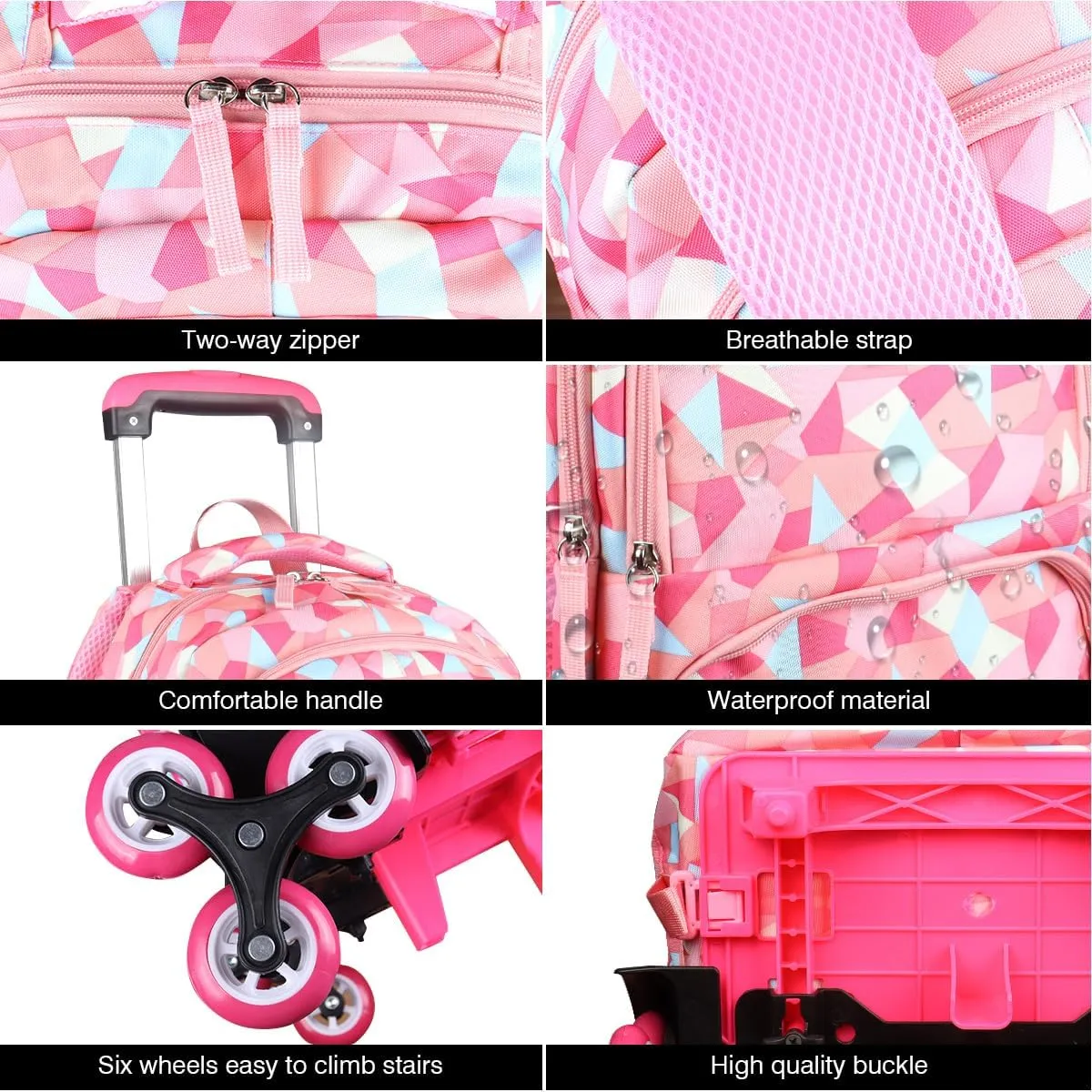 Rolling Backpack for Girls Trolley School Bag Wheels Backpack Luggage Waterproof Climbing Stairs (Pink with Six Wheels)