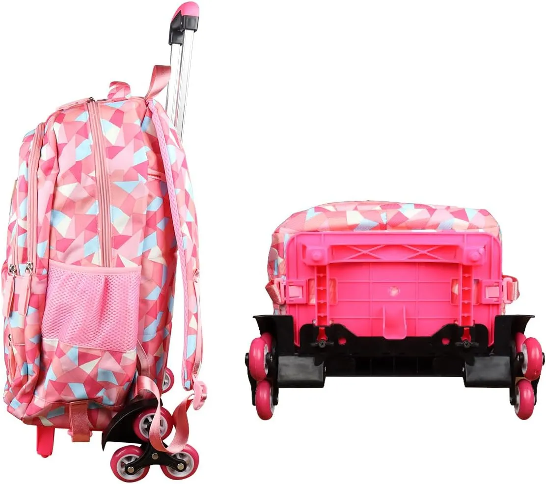 Rolling Backpack for Girls Trolley School Bag Wheels Backpack Luggage Waterproof Climbing Stairs (Pink with Six Wheels)