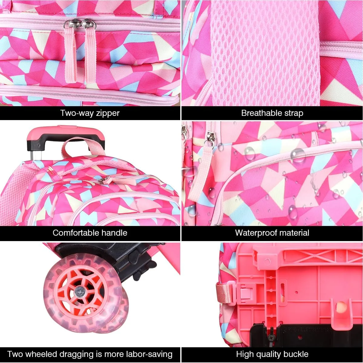Rolling Backpack for Girls Trolley School Bag Wheels Backpack Luggage Waterproof Climbing Stairs (Rose Red with Two Wheels)