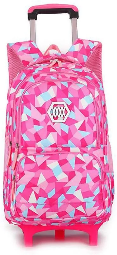 Rolling Backpack for Girls Trolley School Bag Wheels Backpack Luggage Waterproof Climbing Stairs (Rose Red with Two Wheels)