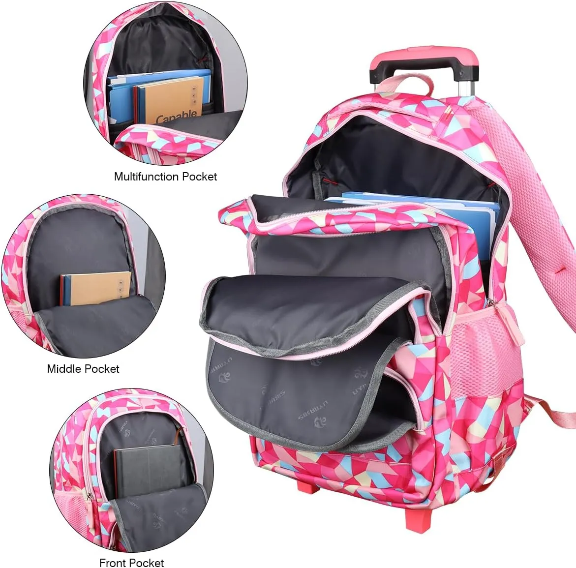 Rolling Backpack for Girls Trolley School Bag Wheels Backpack Luggage Waterproof Climbing Stairs (Rose Red with Two Wheels)