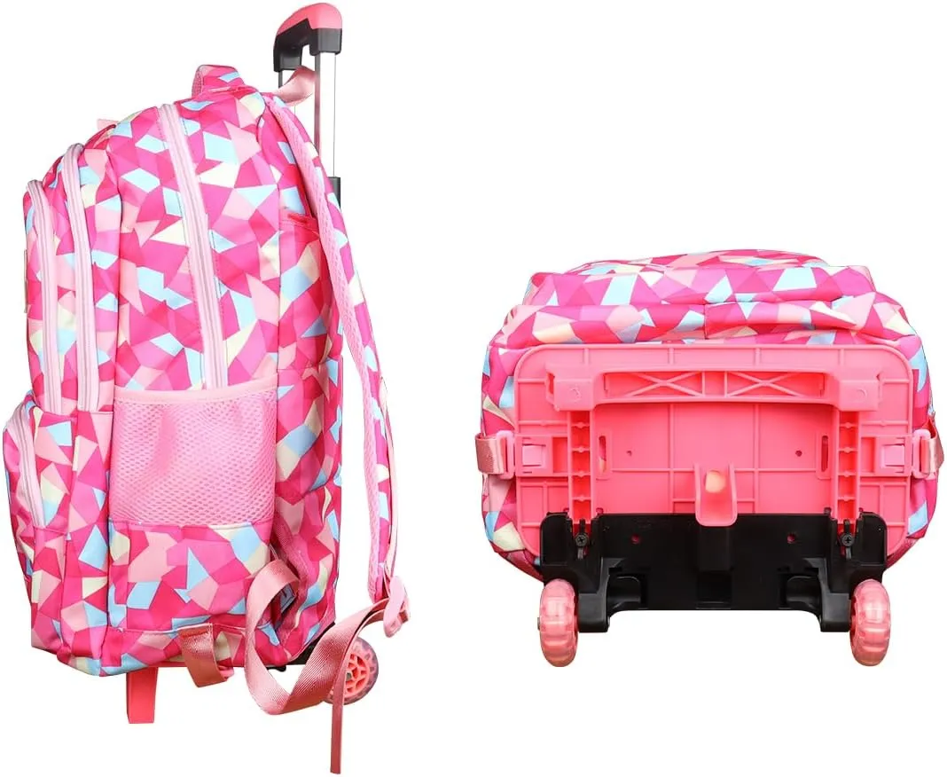 Rolling Backpack for Girls Trolley School Bag Wheels Backpack Luggage Waterproof Climbing Stairs (Rose Red with Two Wheels)