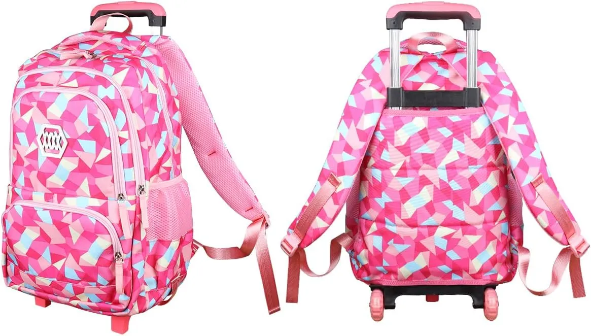 Rolling Backpack for Girls Trolley School Bag Wheels Backpack Luggage Waterproof Climbing Stairs (Rose Red with Two Wheels)