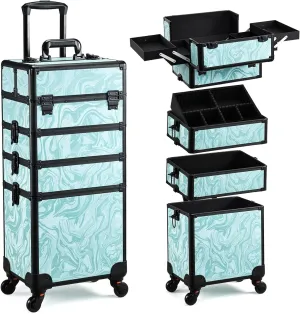 Rolling Makeup Case, 4 in 1 Makeup Case on Wheels, Professional Makeup Trolley, Cosmetic Train Case Makeup Cart Travel Trolley with Key for MUA, Hairstylists, Nail Tech, Turquoise Vitality