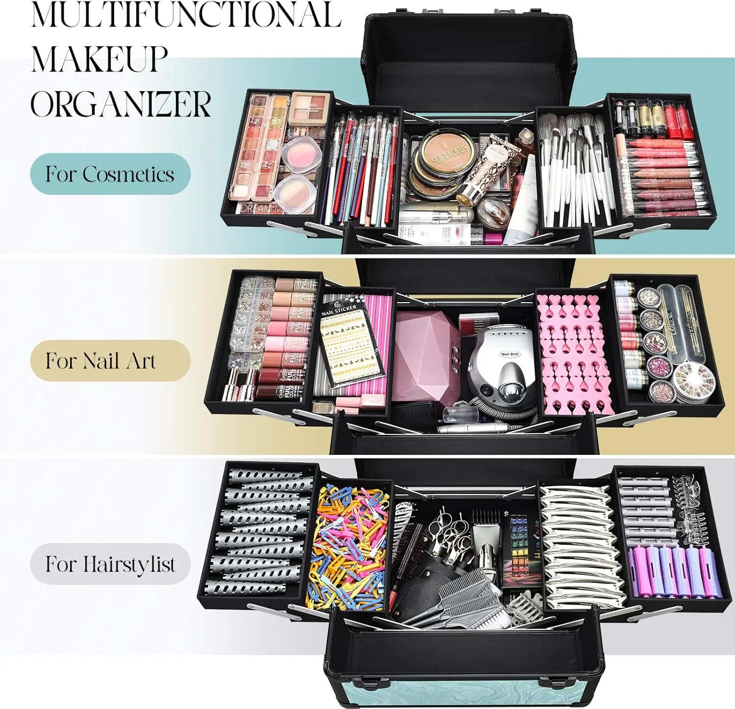 Rolling Makeup Case, 4 in 1 Makeup Case on Wheels, Professional Makeup Trolley, Cosmetic Train Case Makeup Cart Travel Trolley with Key for MUA, Hairstylists, Nail Tech, Turquoise Vitality