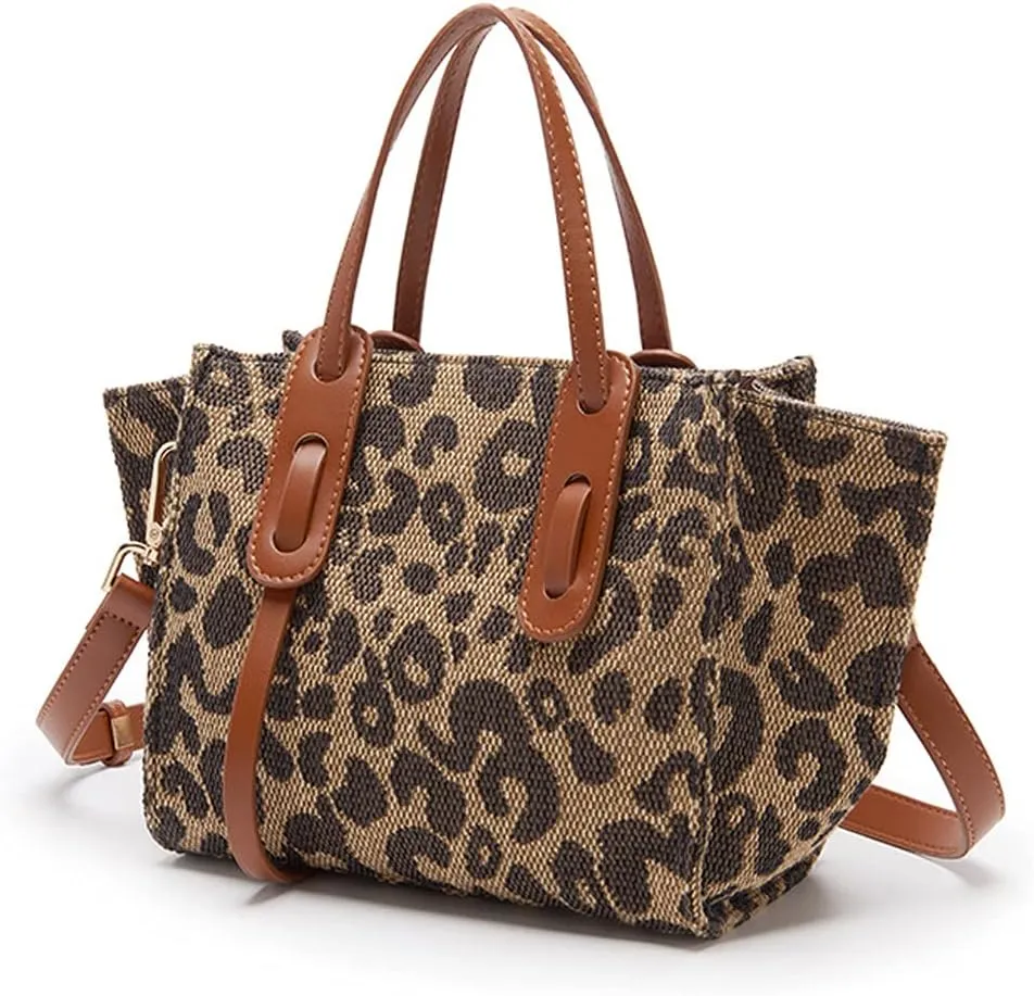 ROUROU Leopard Print Handbag for Women Linen Shoulder Bag Retro Crossbady Bag Large Capacity Satchel Adjustable Tote Bag