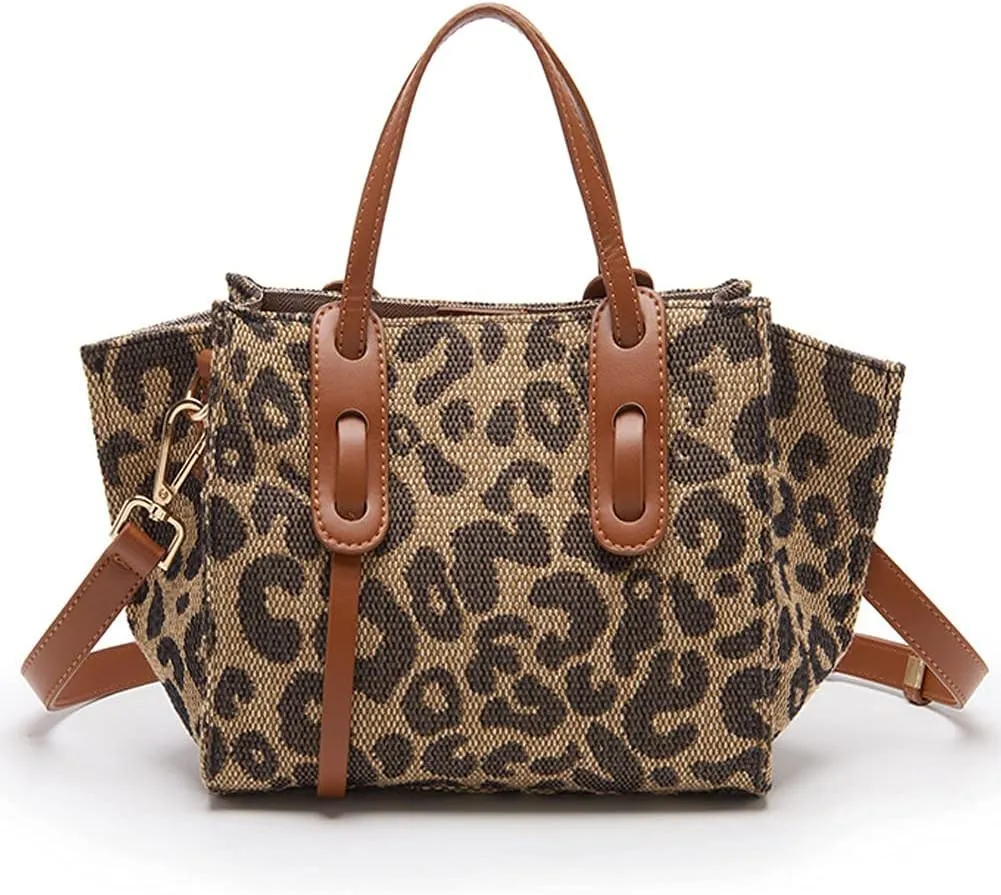 ROUROU Leopard Print Handbag for Women Linen Shoulder Bag Retro Crossbady Bag Large Capacity Satchel Adjustable Tote Bag