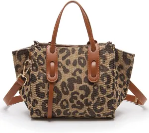 ROUROU Leopard Print Handbag for Women Linen Shoulder Bag Retro Crossbady Bag Large Capacity Satchel Adjustable Tote Bag