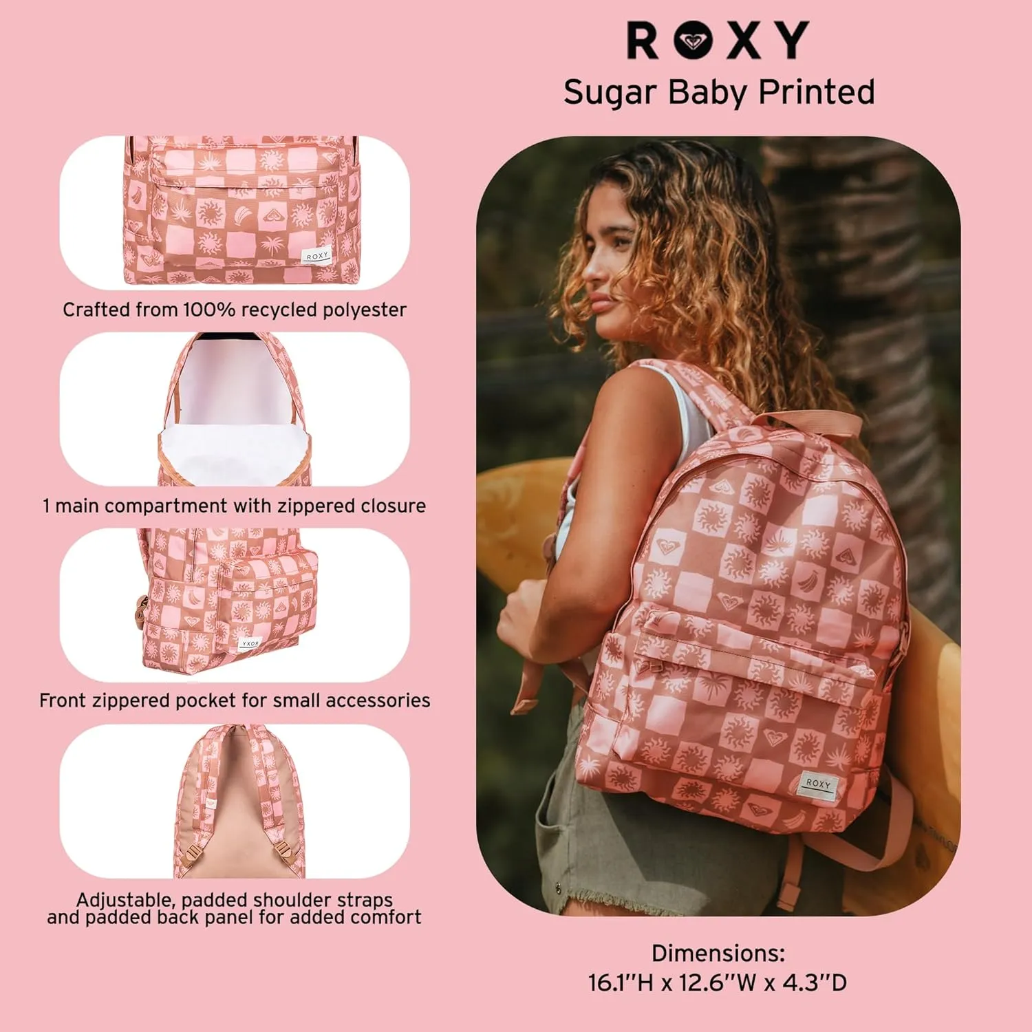 Roxy Women's Sugar Baby Backpack | Travel |Vacation | Work | Everyday Carry | 16L Capacity, Anthracite Sunny Floral Swim, One Size