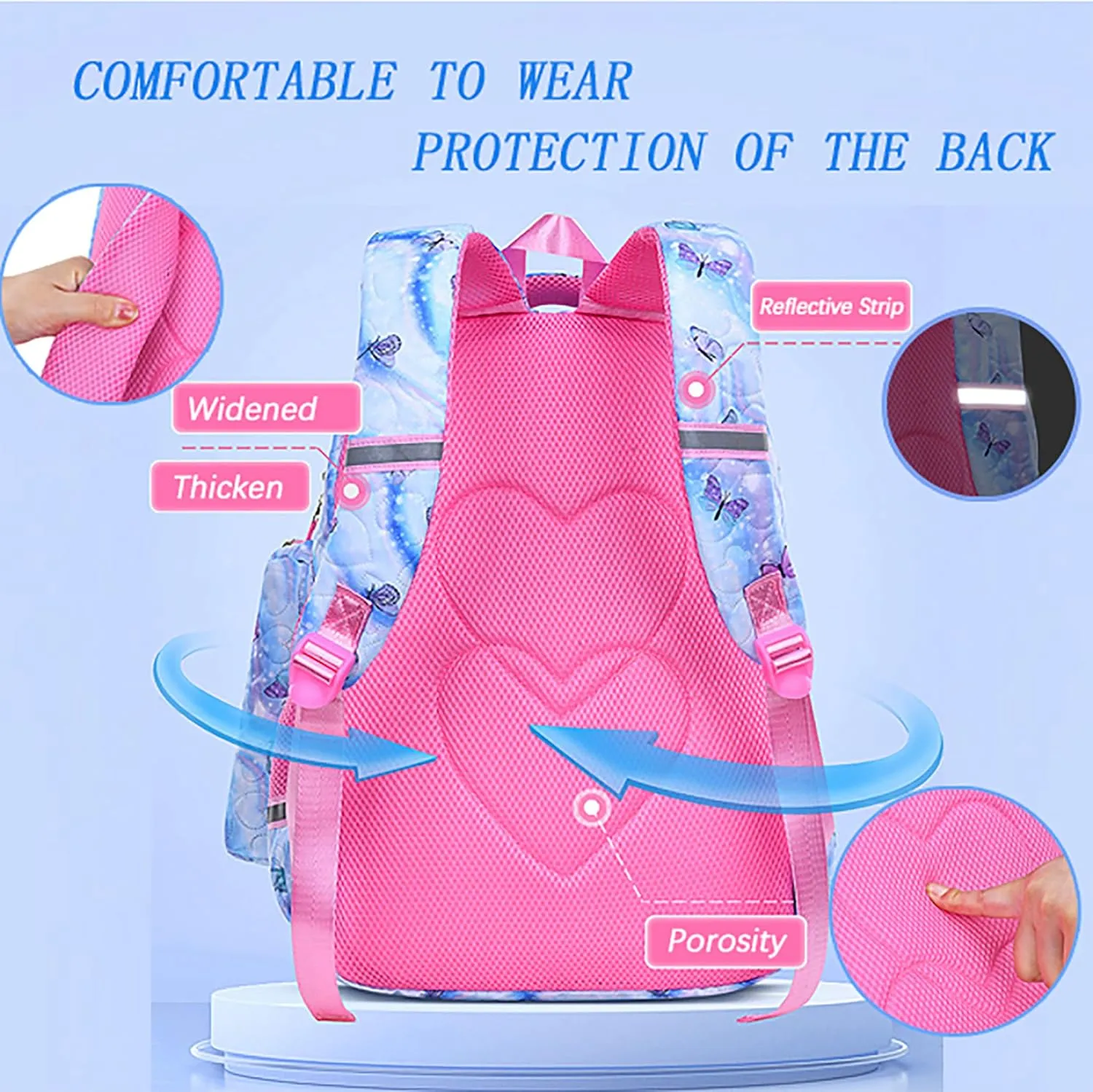 Rubytor 3PCS Kawaii Backpack Set Cute Laptop Bag, 17in Dreamy Butterfly Daypack Purple Large Capacity Double Shoulder Backpack, Lightweight Portable Lunch Box Tie-Dye Pencil Case