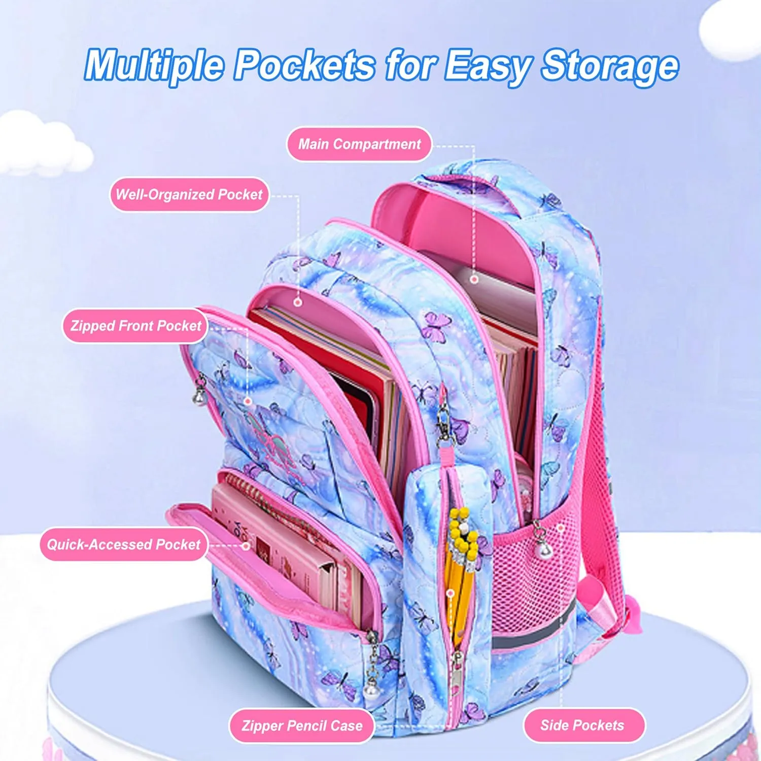 Rubytor 3PCS Kawaii Backpack Set Cute Laptop Bag, 17in Dreamy Butterfly Daypack Purple Large Capacity Double Shoulder Backpack, Lightweight Portable Lunch Box Tie-Dye Pencil Case