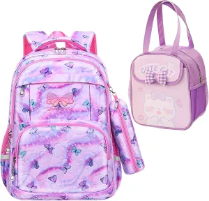 Rubytor 3PCS Kawaii Backpack Set Cute Laptop Bag, 17in Dreamy Butterfly Daypack Purple Large Capacity Double Shoulder Backpack, Lightweight Portable Lunch Box Tie-Dye Pencil Case