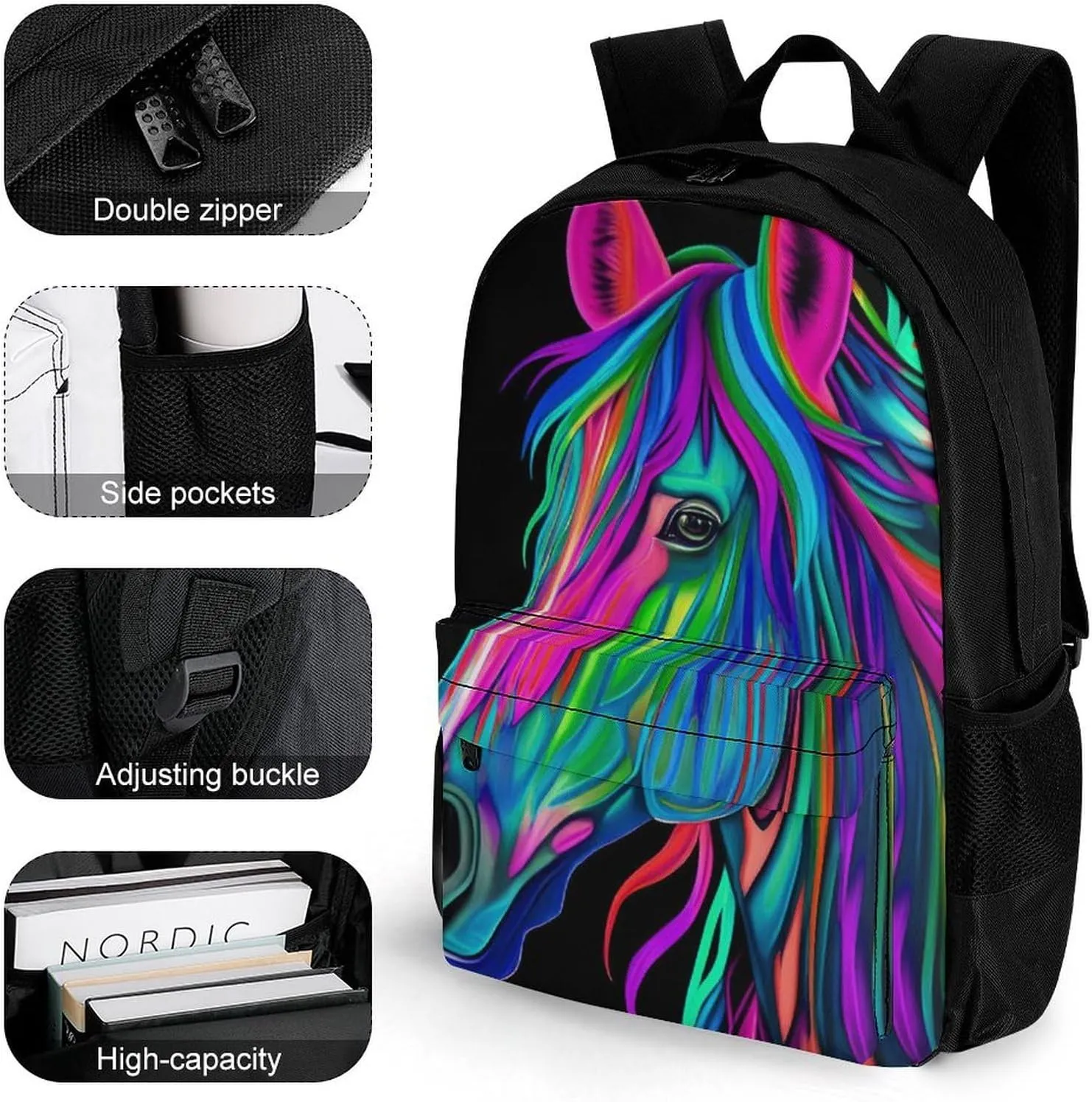 Rucksack Anti-Theft Multipurpose Large Capacity Carry On Bag - Rainbow Wild Horse Head Art Travel Hiking Bag & Day Pack With Side Pockets
