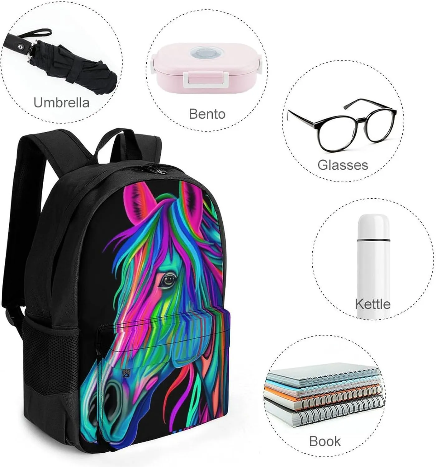 Rucksack Anti-Theft Multipurpose Large Capacity Carry On Bag - Rainbow Wild Horse Head Art Travel Hiking Bag & Day Pack With Side Pockets