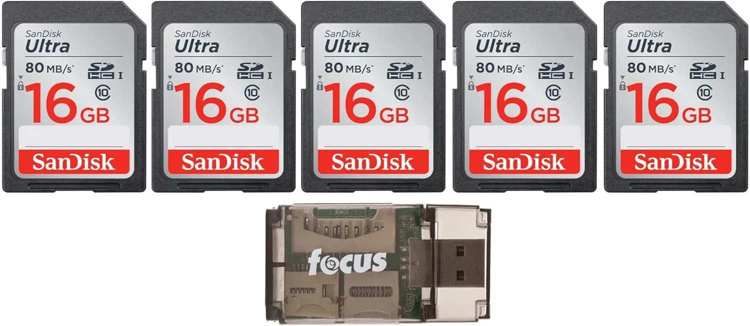 SanDisk Ultra 16GB Class SD Memory Card (5-Pack) with Focus All-in-One High Speed USB Card Reader Bundle (6 Items)