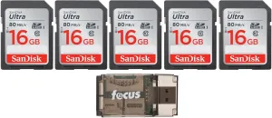 SanDisk Ultra 16GB Class SD Memory Card (5-Pack) with Focus All-in-One High Speed USB Card Reader Bundle (6 Items)
