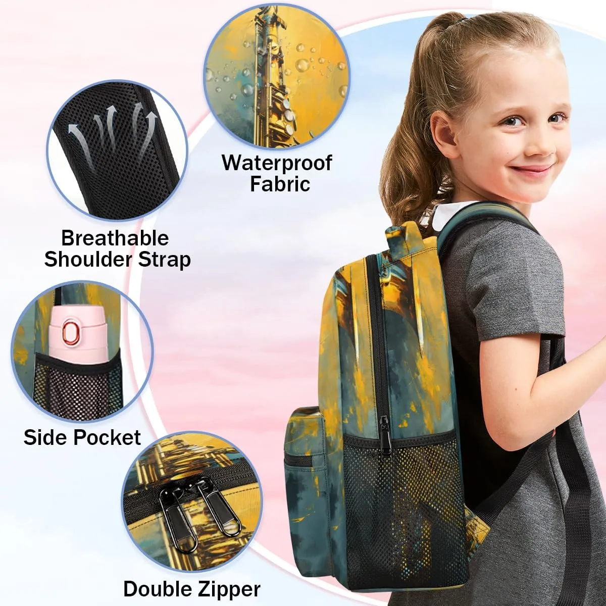 Saxophone Backpack with Chest Strap, Casual Backpack for Women Men, 16 Inch Daypack for Travel Work, Jazz Music