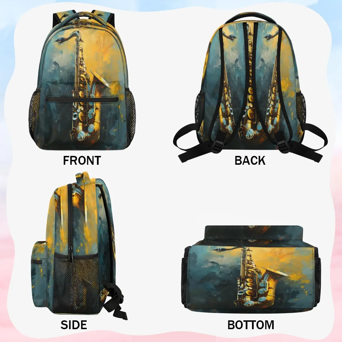 Saxophone Backpack with Chest Strap, Casual Backpack for Women Men, 16 Inch Daypack for Travel Work, Jazz Music