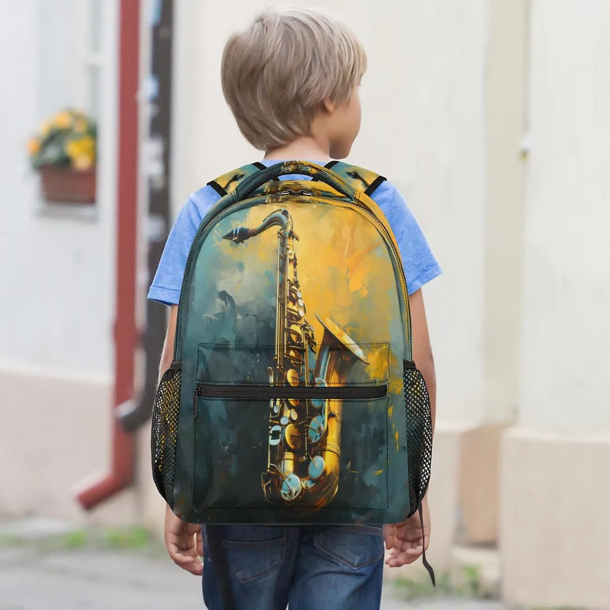Saxophone Backpack with Chest Strap, Casual Backpack for Women Men, 16 Inch Daypack for Travel Work, Jazz Music